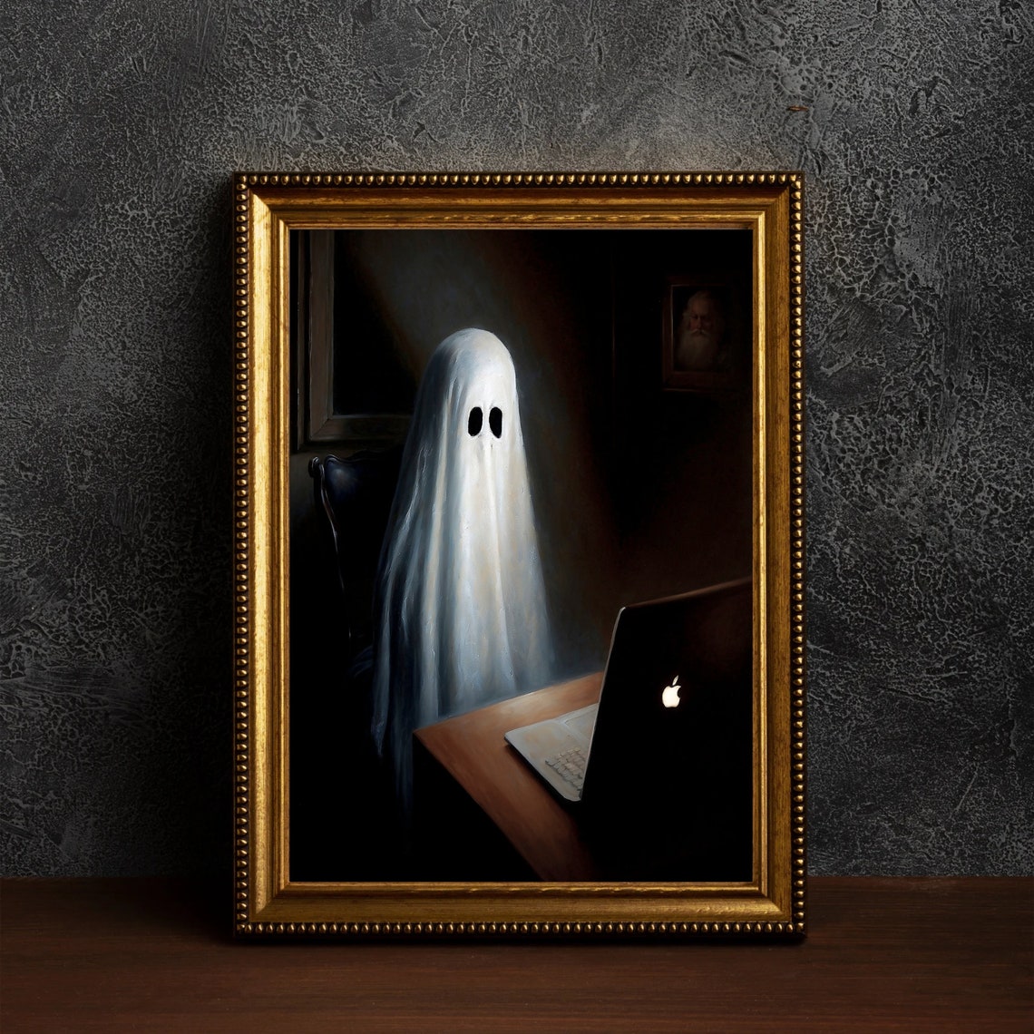 Ghost Working At A Desk With Laptop In Dark Room Funny Print - Image 4