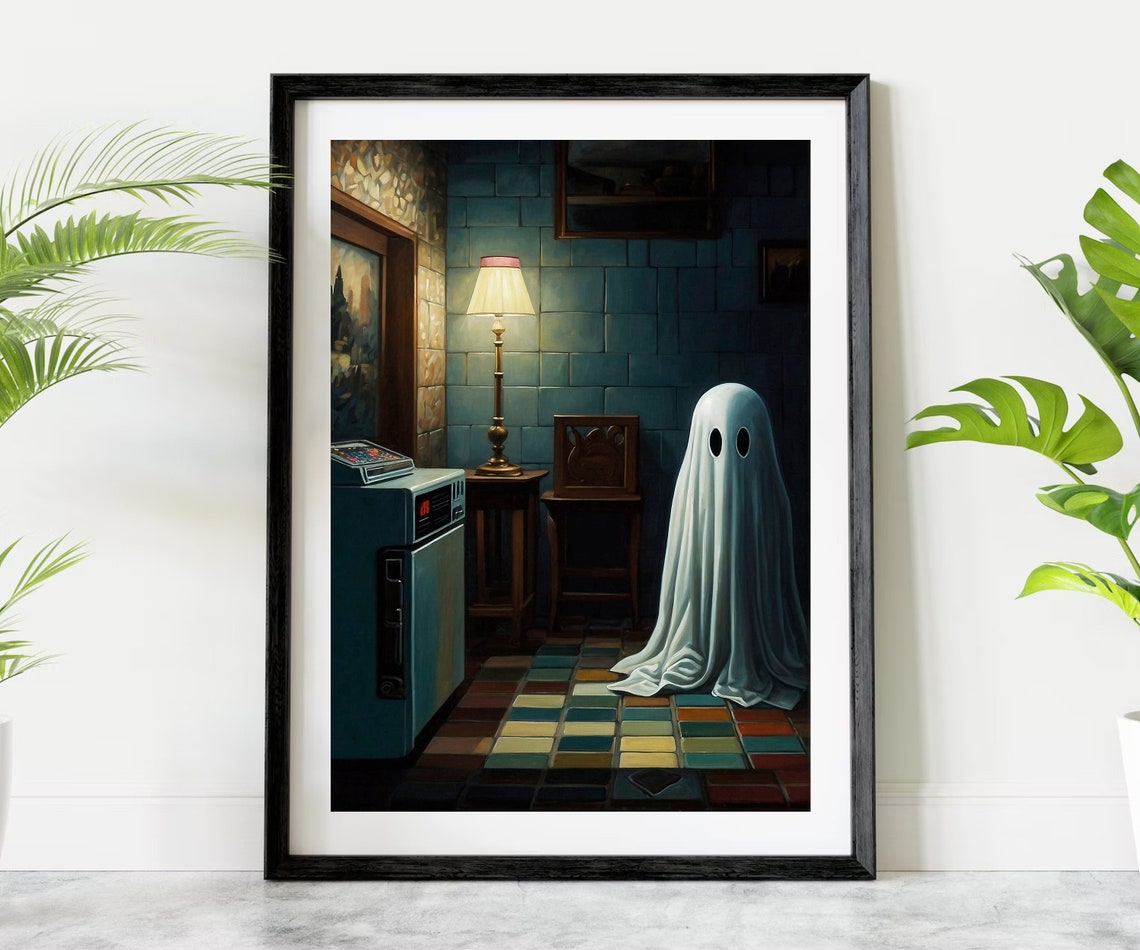 Friendly Sheet Ghost In A Dark Tiled Room Vintage Halloween Poster - Image 2