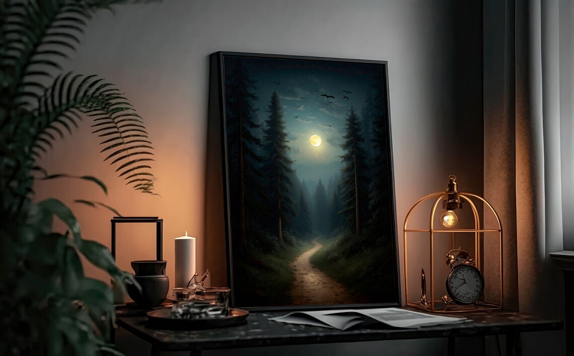 Moonlit Forest Path Between Tall Pines with Flying Birds Night Art Print - Image 4