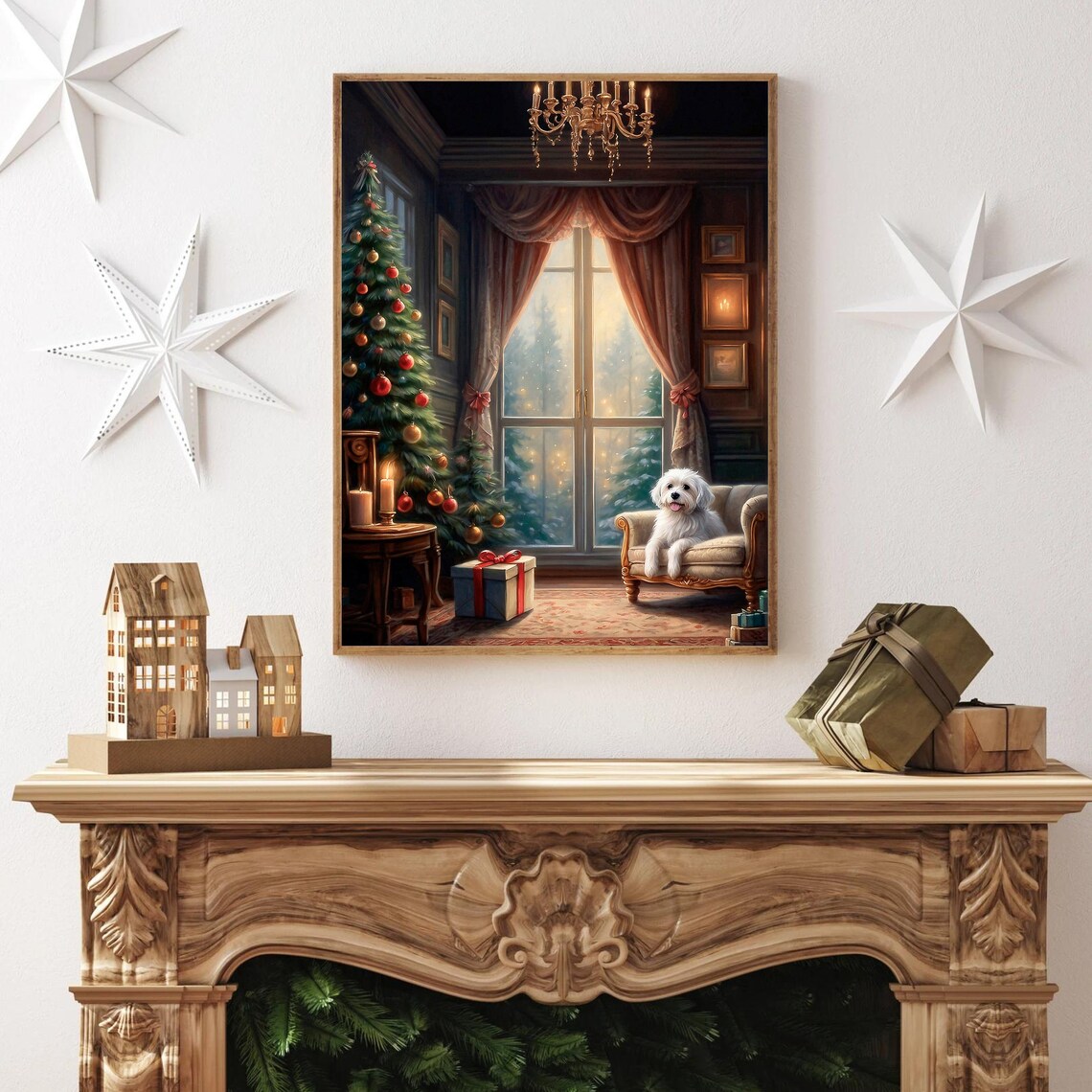 Christmas Living Room Dog by Tree Vintage Holiday Oil Painting Poster - Image 2
