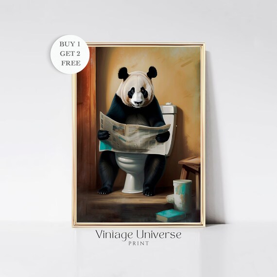 Sleepy Panda Reading A Newspaper On The Toilet Funny Art Poster
