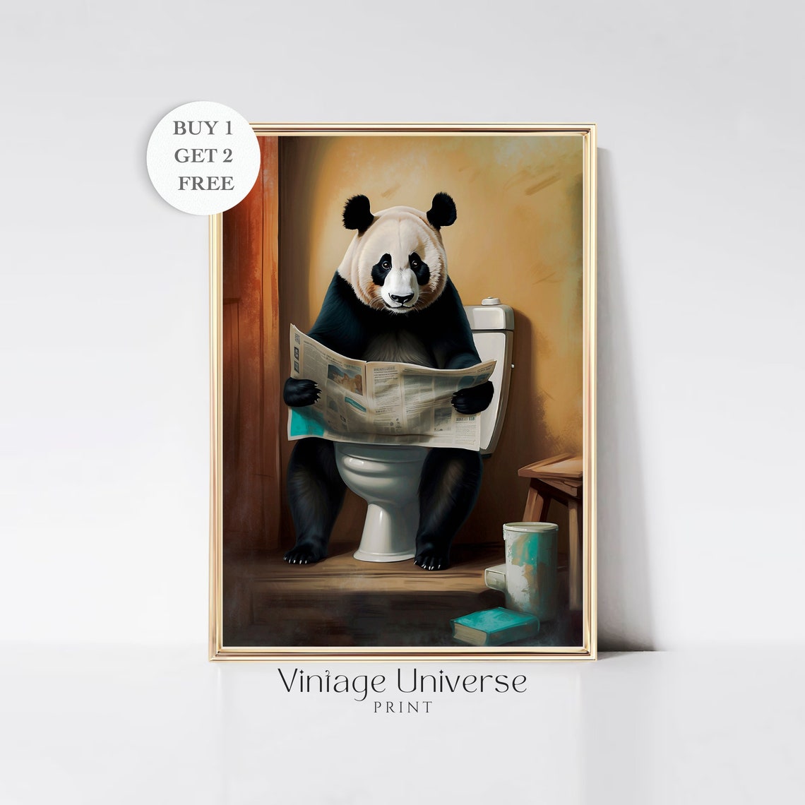 Sleepy Panda Reading A Newspaper On The Toilet Funny Art Poster