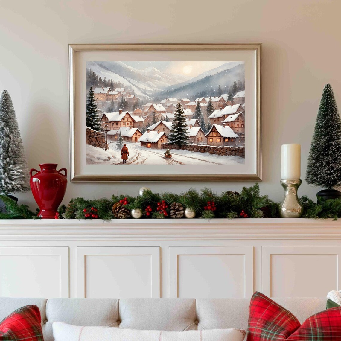 Snowy Mountain Village at Christmas Vintage Winter Scene Poster - Image 2