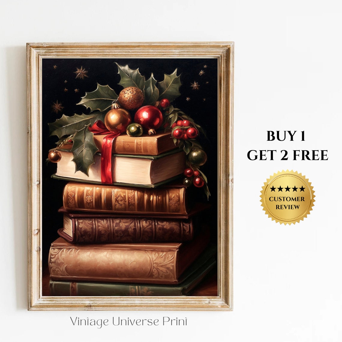 Vintage Books with Christmas Ornaments and Holly Still Life Print