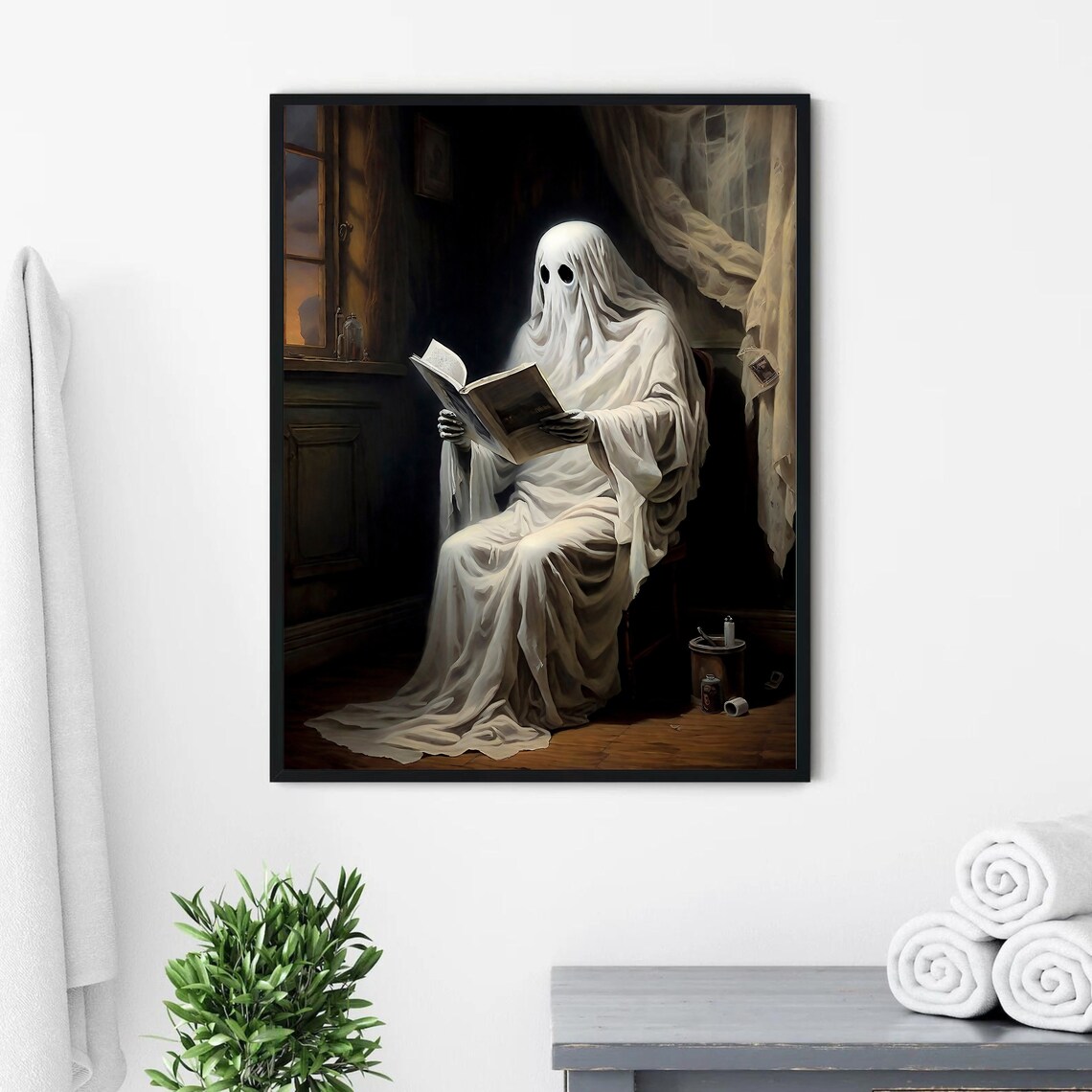 Ghost Sitting on a Toilet Reading a Book in a Candlelit Bathroom Funny Poster - Image 2