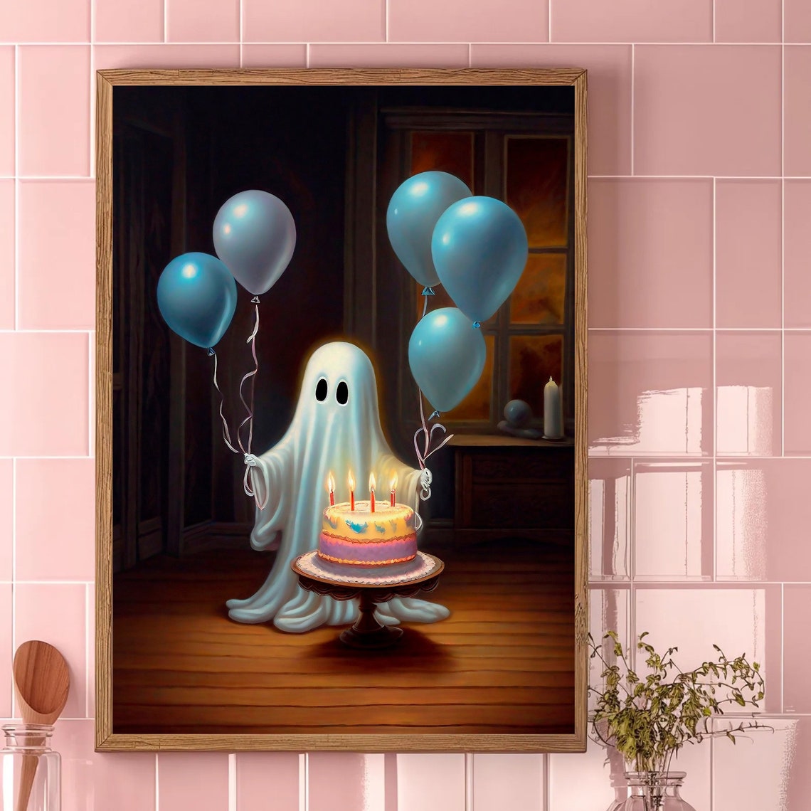 Ghost Celebrating Birthday With Cake And Blue Balloons Spooky Print - Image 4