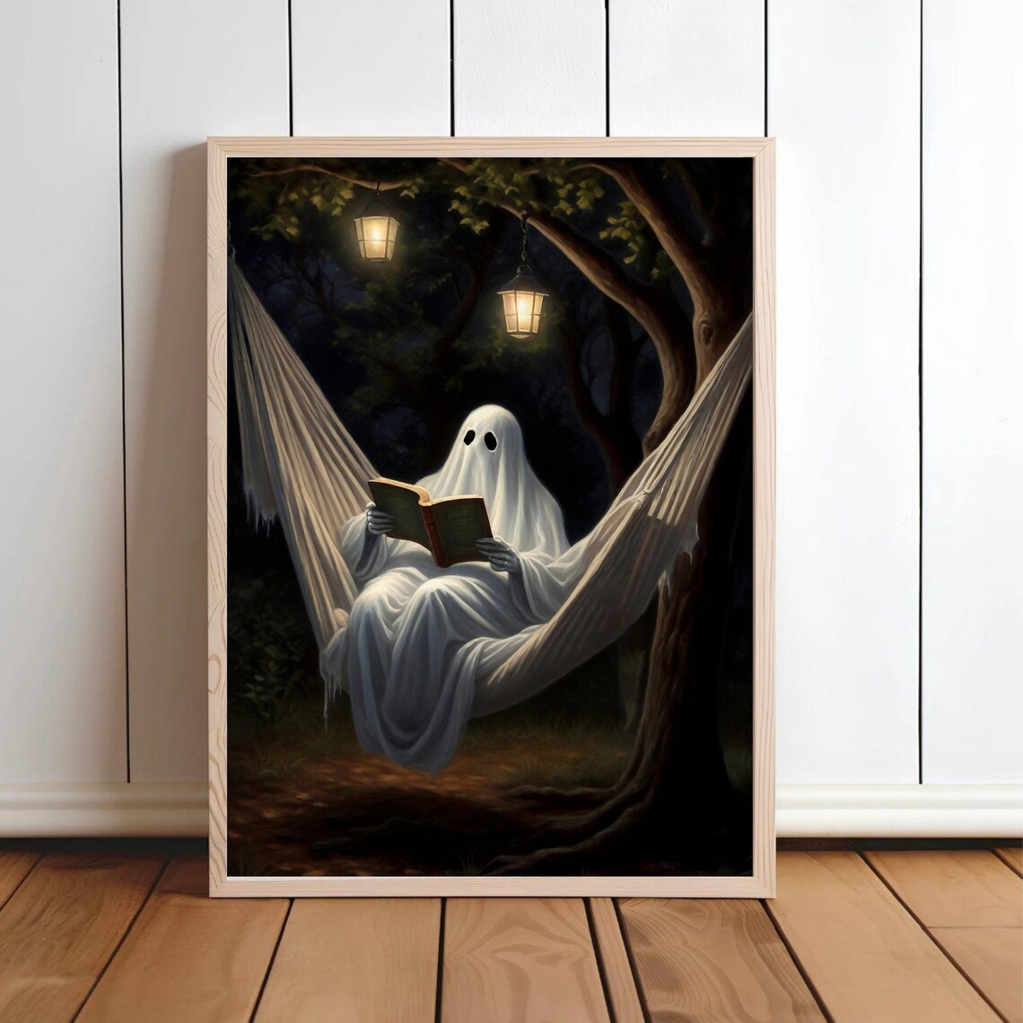 Ghost Reading a Book in a Hammock Under Hanging Lanterns at Night Poster - Image 4