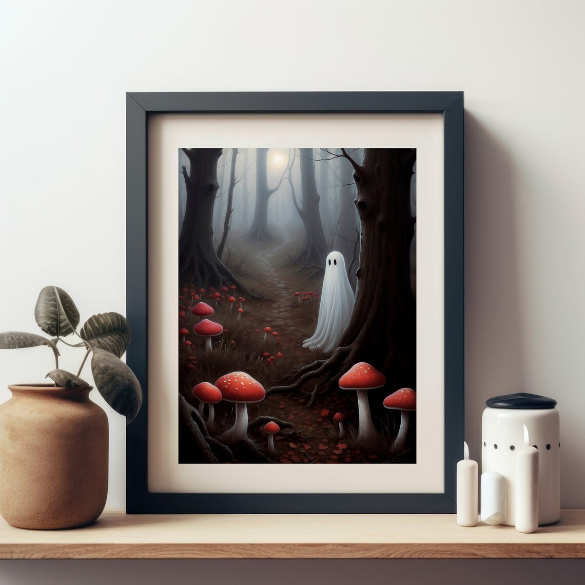 Lonely Ghost in a Foggy Forest Among Red Fly Agaric Mushrooms Spooky Poster - Image 4