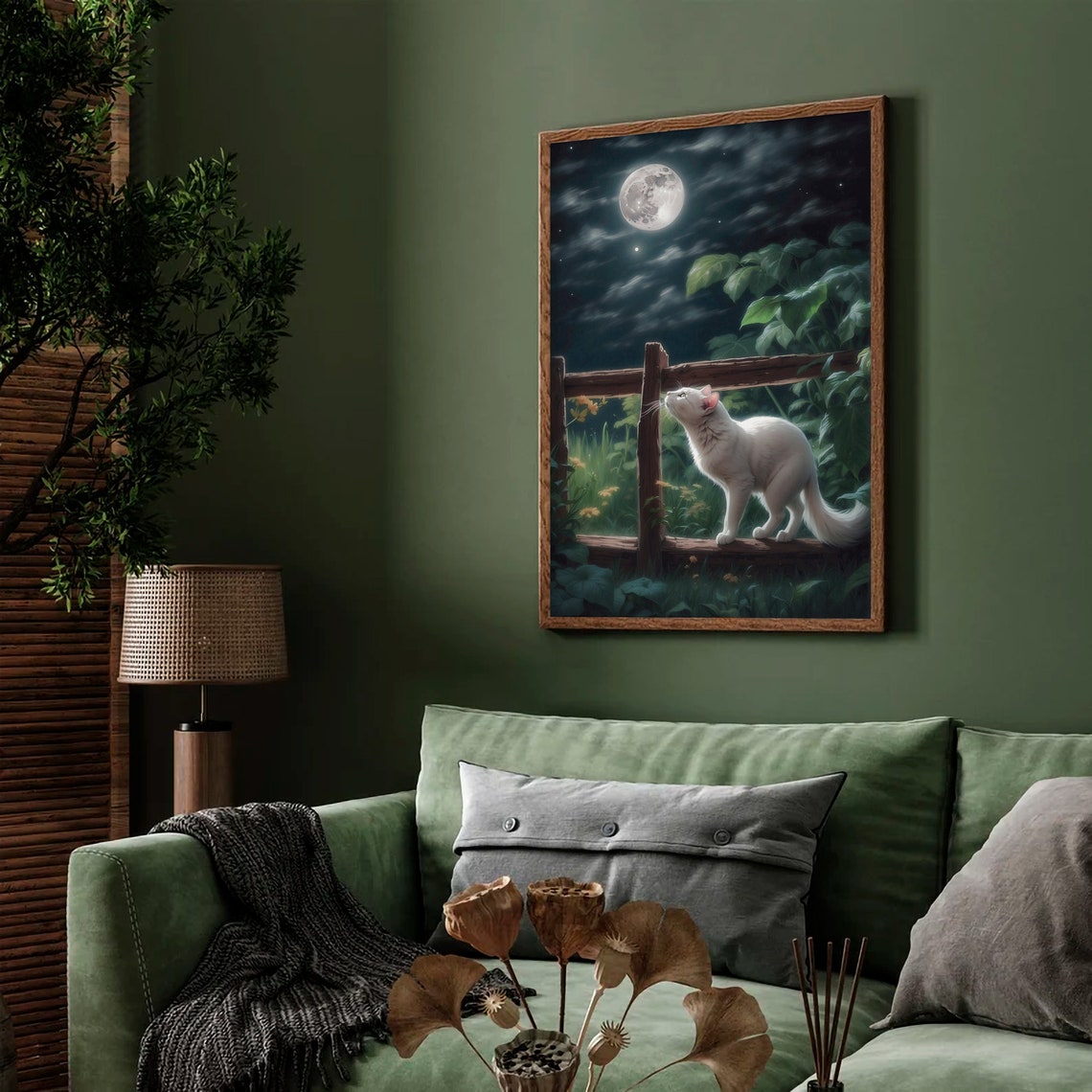 White Cat on a Garden Fence Gazing at the Full Moon at Night Poster - Image 2