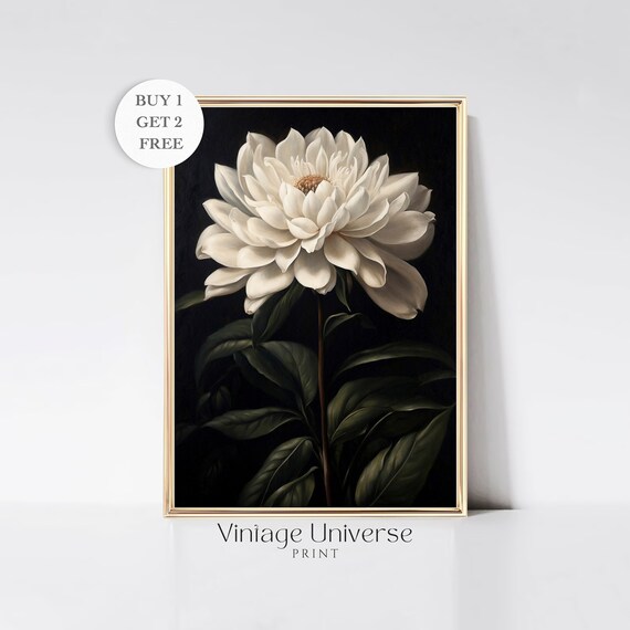 Moody Flower Painting Dark Flower Print White Flower Painting Dark Moody Antique Botanical Wall Art Dark Botanical Print