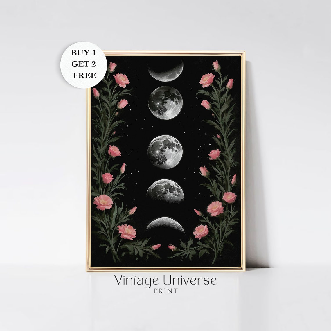 Moon Phases Vertical with Pink Blossoms on Black Celestial Art Print