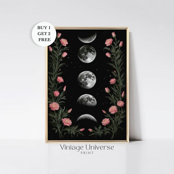 Moon Phase Wall Art Flowers Moon Art Print Moon Wall Decor Mystical Artwork Dark Academia Painting Witchy Aesthetic Art