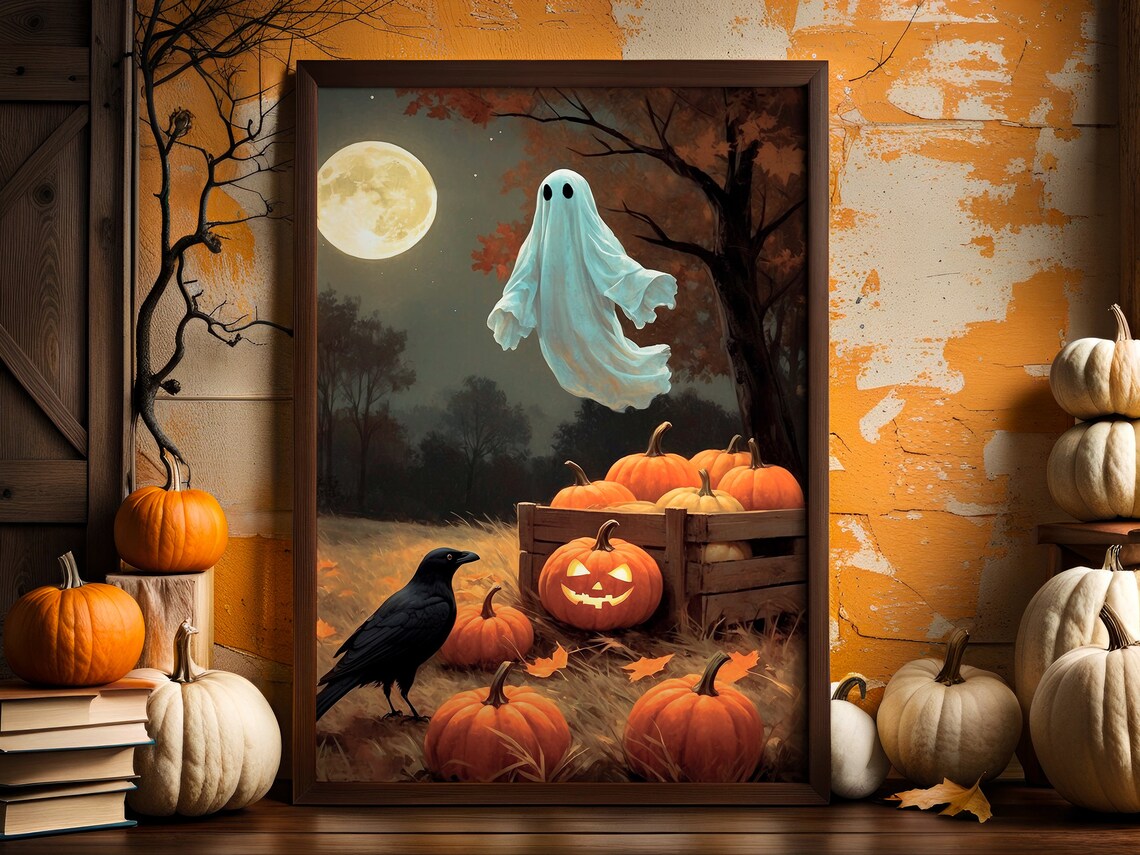 Ghost Over Pumpkin Crate With Crow Under Full Moon Halloween Painting Poster - Image 4