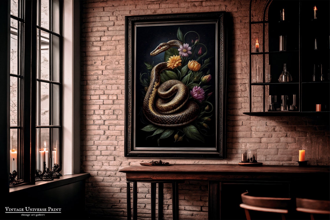 Snake Coiled Among Flowers Dark Antique Oil Painting Wall Art - Image 3