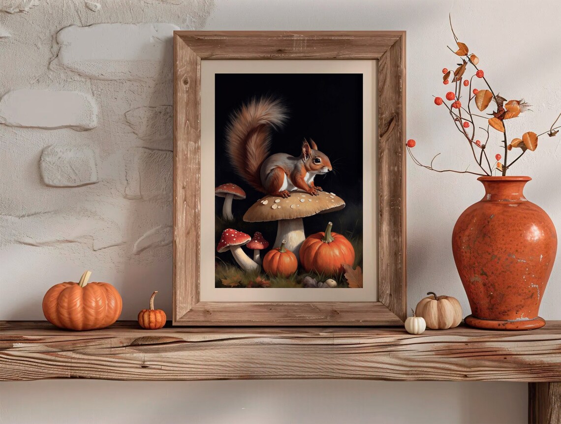 Red Squirrel On Mushroom With Pumpkins Moody Autumn Wildlife Painting Poster - Image 2