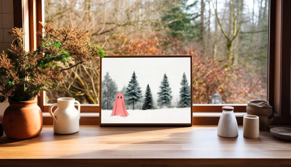 Pink Ghost Among Snowy Pines in Misty Winter Landscape Print - Image 3