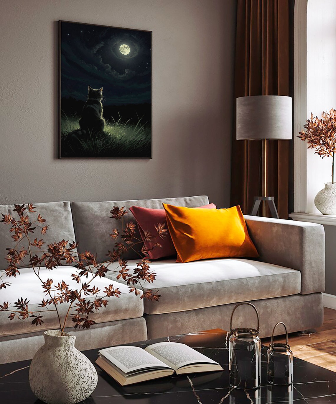 Cat Silhouette Watching the Full Moon Rise Over Tall Grass Art Print - Image 4