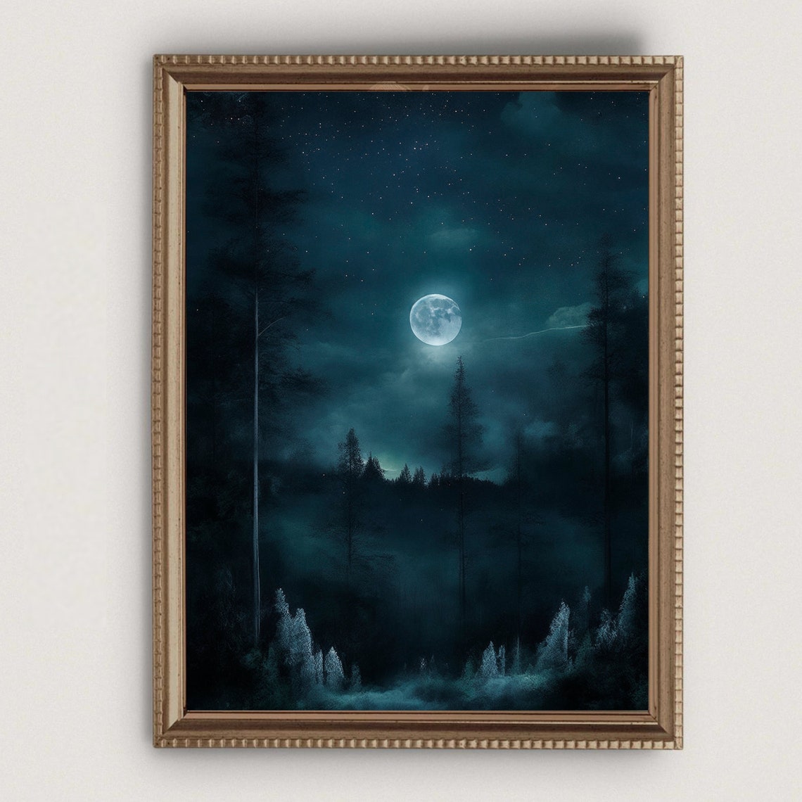 Teal Night Forest Full Moon Starry Sky Moody Celestial Poster - Image 5