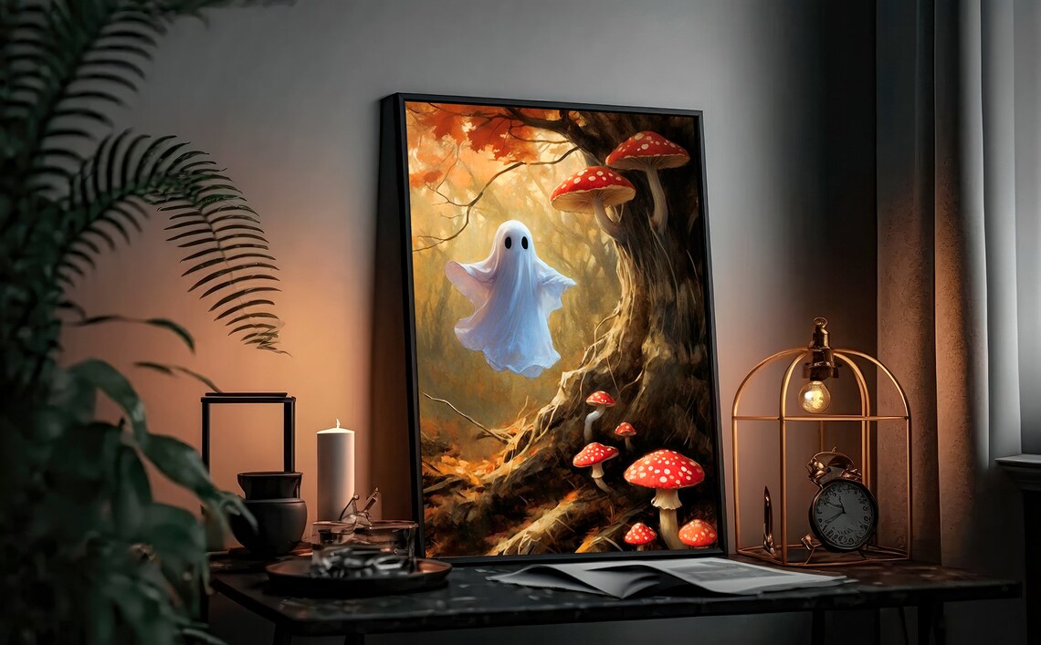 Cute Ghost By Tree With Red Mushrooms In Autumn Forest Halloween Painting Poster - Image 3