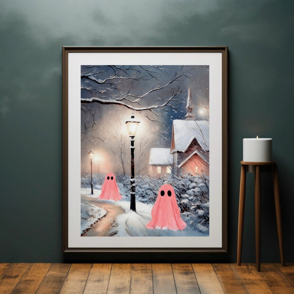 Two Pink Ghosts by Snowy Church on Lamplit Winter Lane Print - Image 3