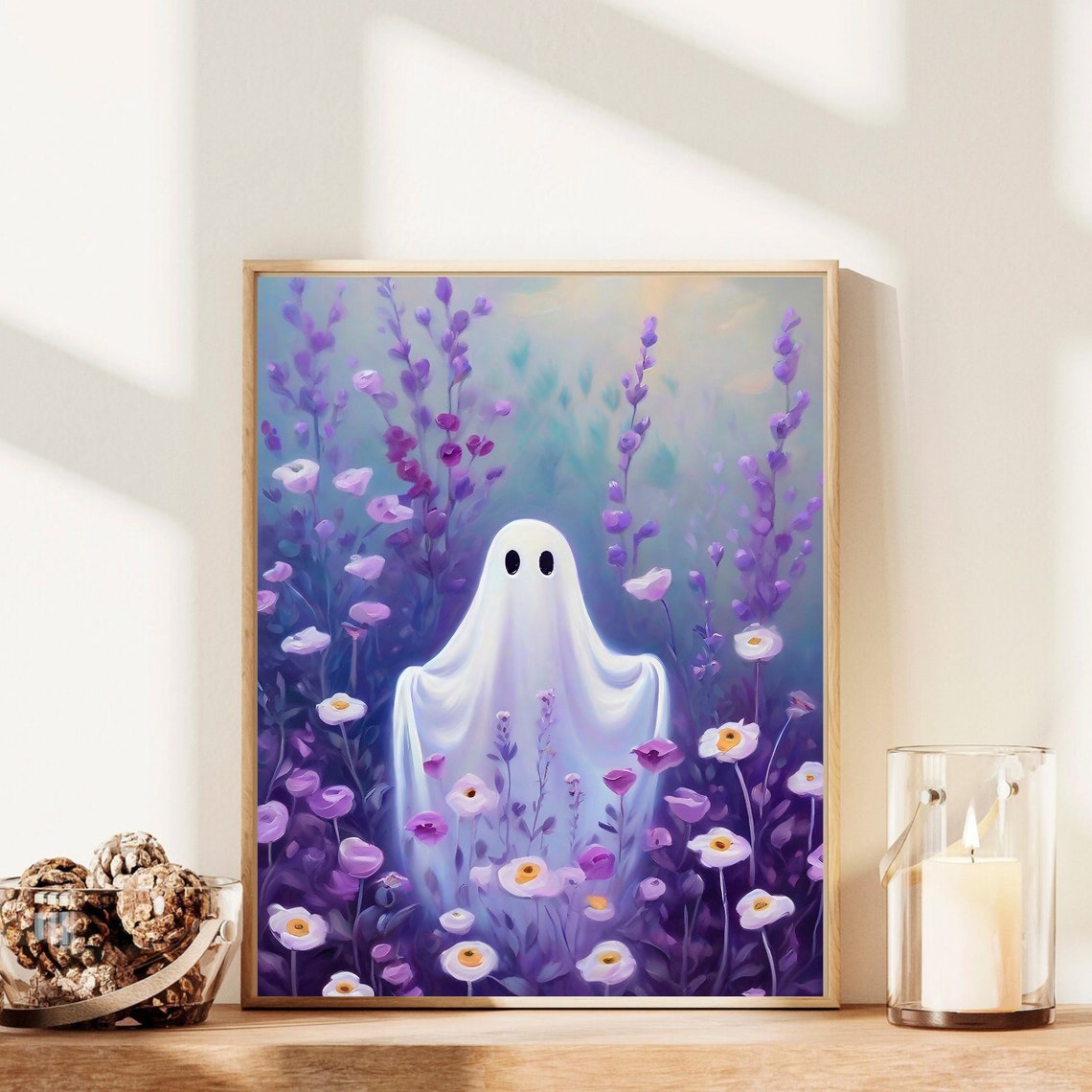 Cute Ghost in Purple Flower Meadow Vintage Halloween Art Poster - Image 3