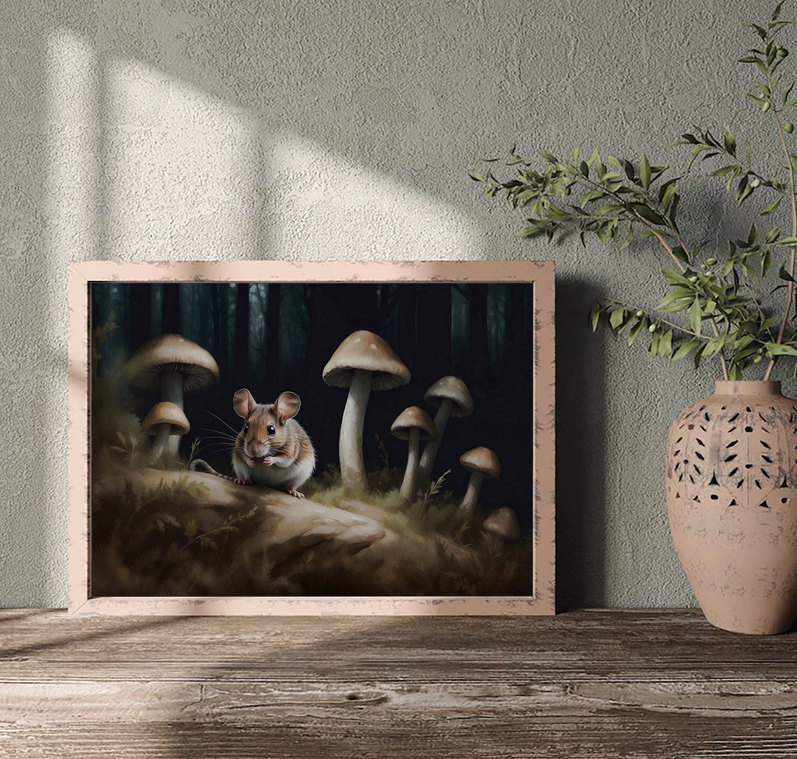 Tiny Mouse Among Giant Mushrooms in a Dark Forest Night Poster - Image 3