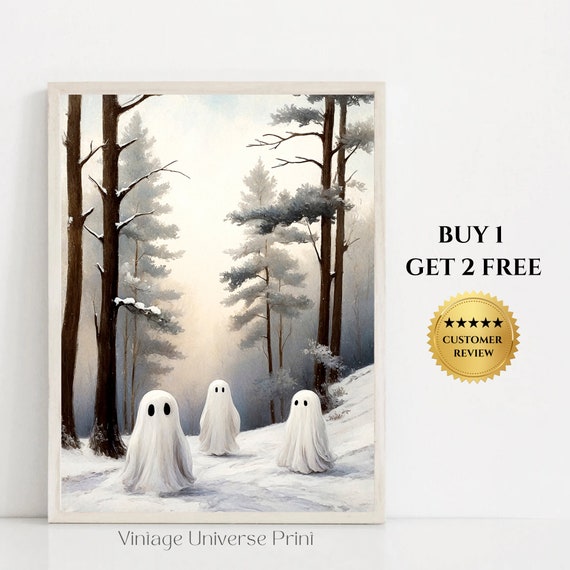 Cute Ghosts In Winter Snowy Forest Landscape Vintage Art Print Ghost Wall Art Forest Trees Wall Decor Christmas Wall Art 20