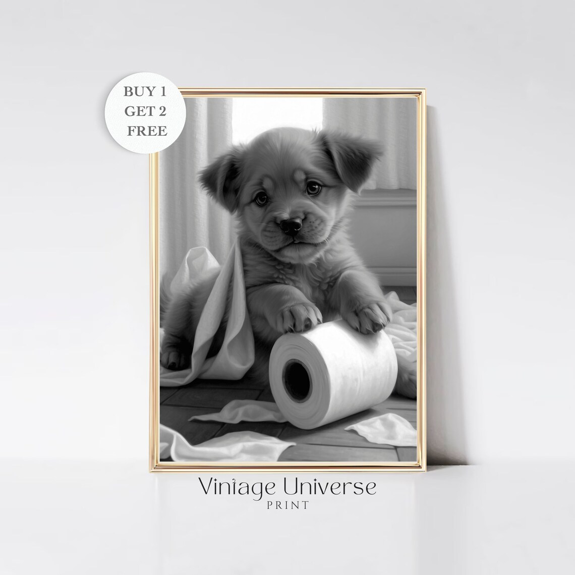 Playful Puppy With A Toilet Paper Roll Black And White Poster