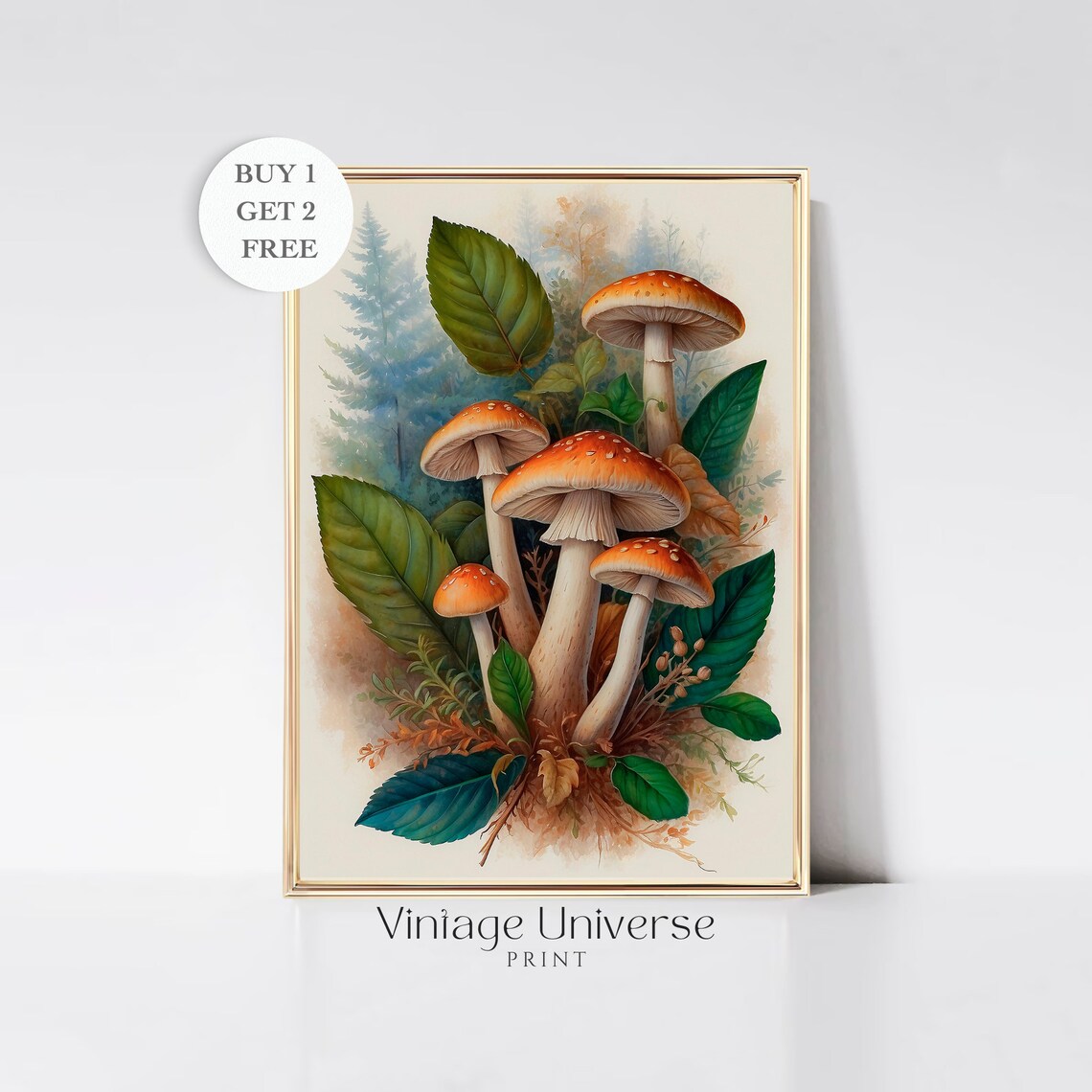 Vintage Orange Mushrooms Botanical Study Woodland Fungi Poster