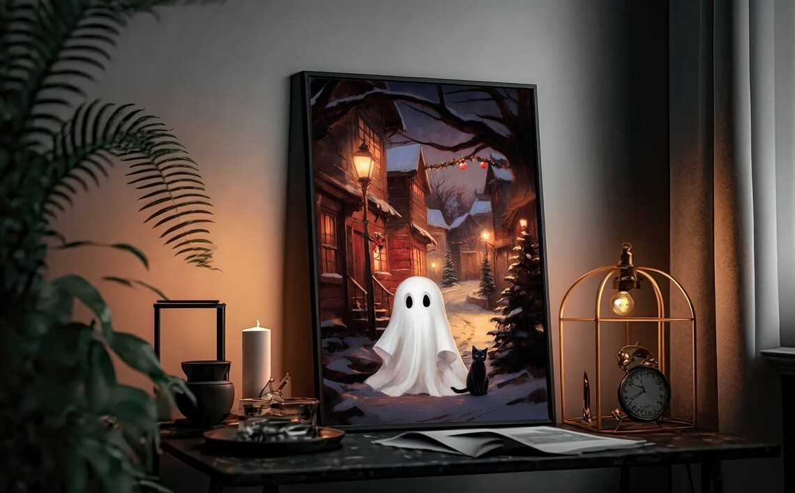 Ghost and Black Cat on Snowy Christmas Street at Night Print - Image 3