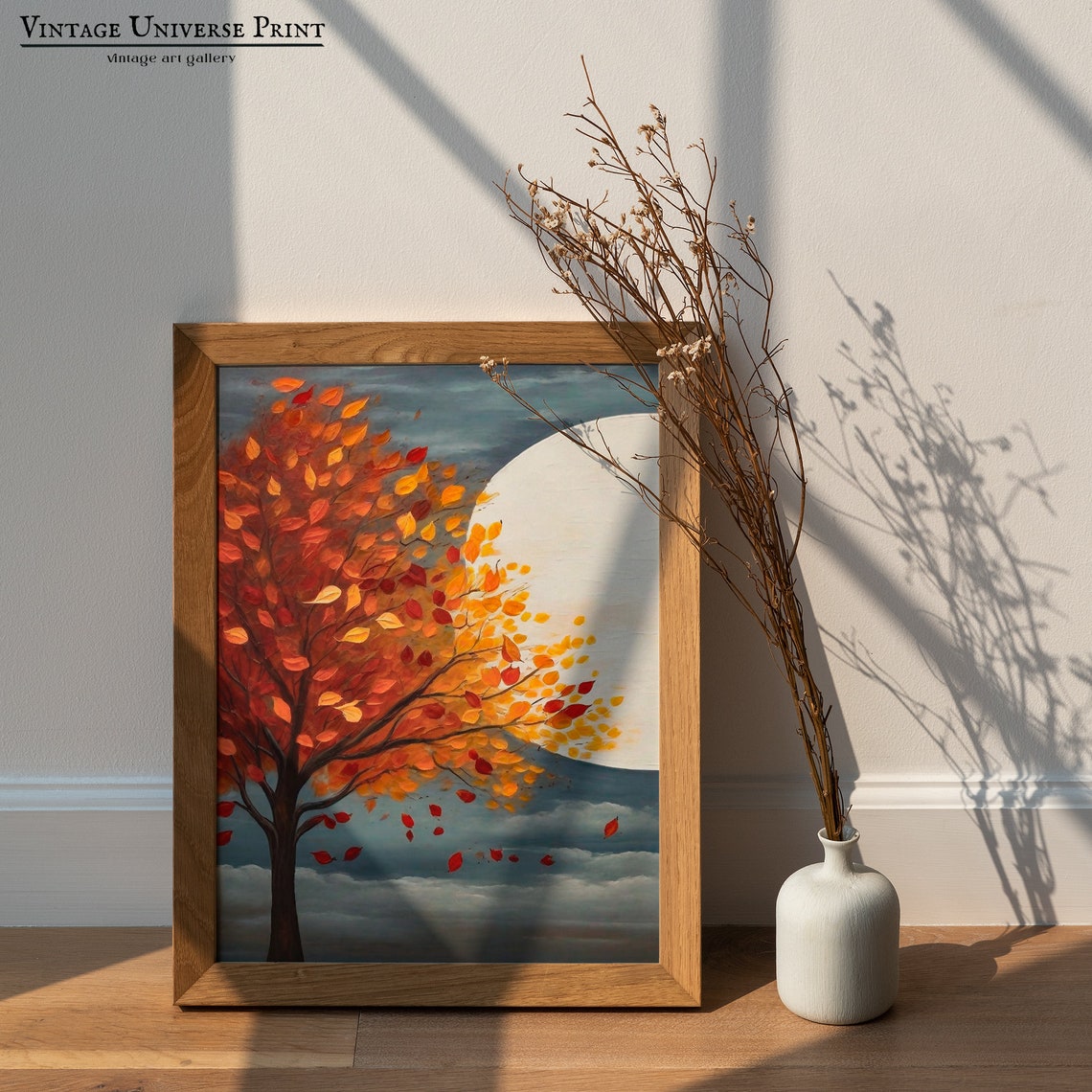 Autumn Tree With Fiery Orange Leaves Before A Full Moon Wall Art - Image 4