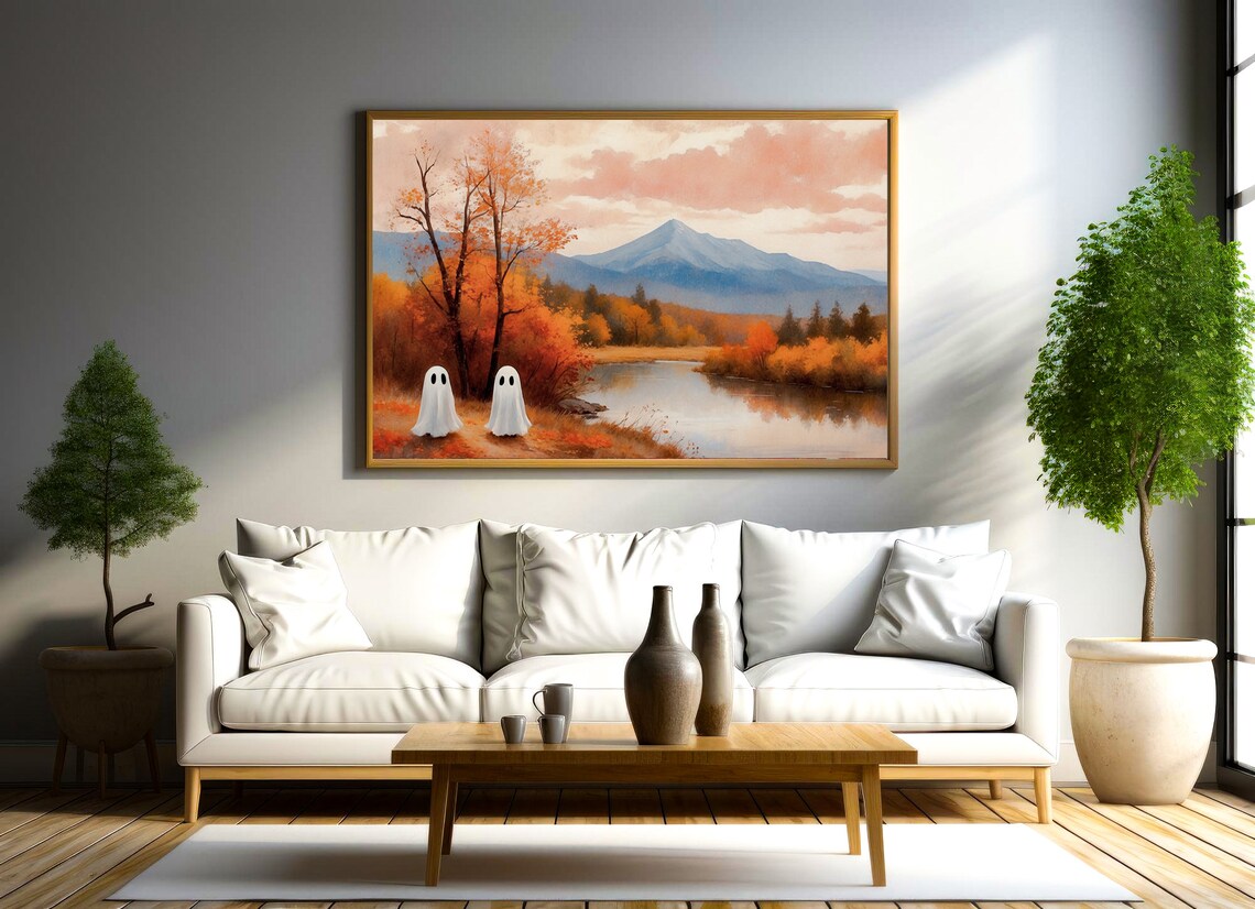 Two Ghosts By A Mountain Lake In A Fiery Autumn Landscape Vintage Painting Poster - Image 3