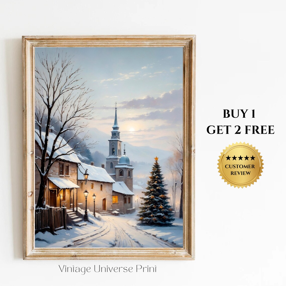 Snowy Village Church and Christmas Tree Twilight Vintage Poster