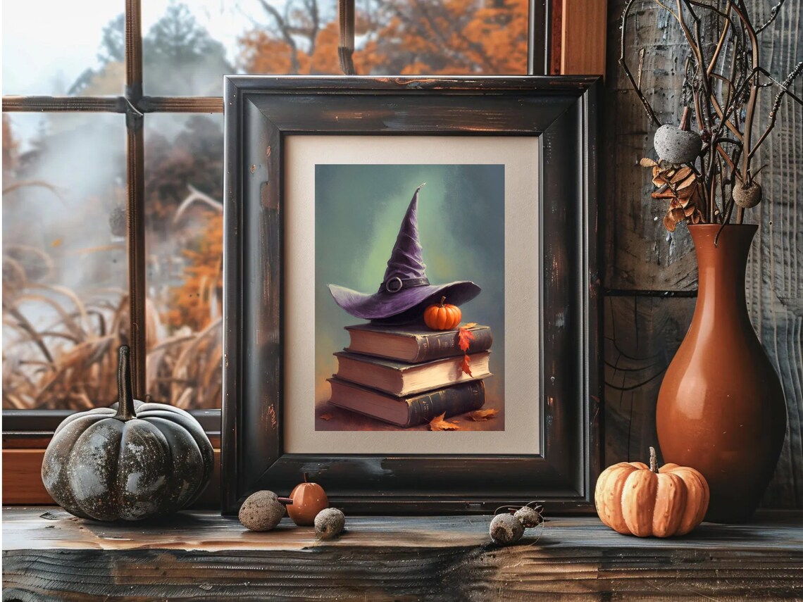 Witch Hat On Stack Of Old Books With Small Pumpkin Halloween Still Life Poster - Image 3