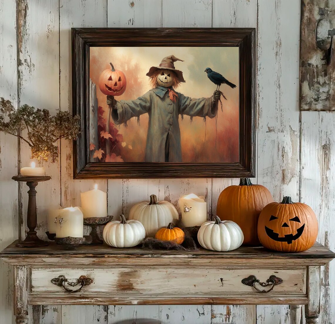 Pumpkin Head Scarecrow With Crow In Autumn Field Vintage Halloween Painting Poster - Image 2