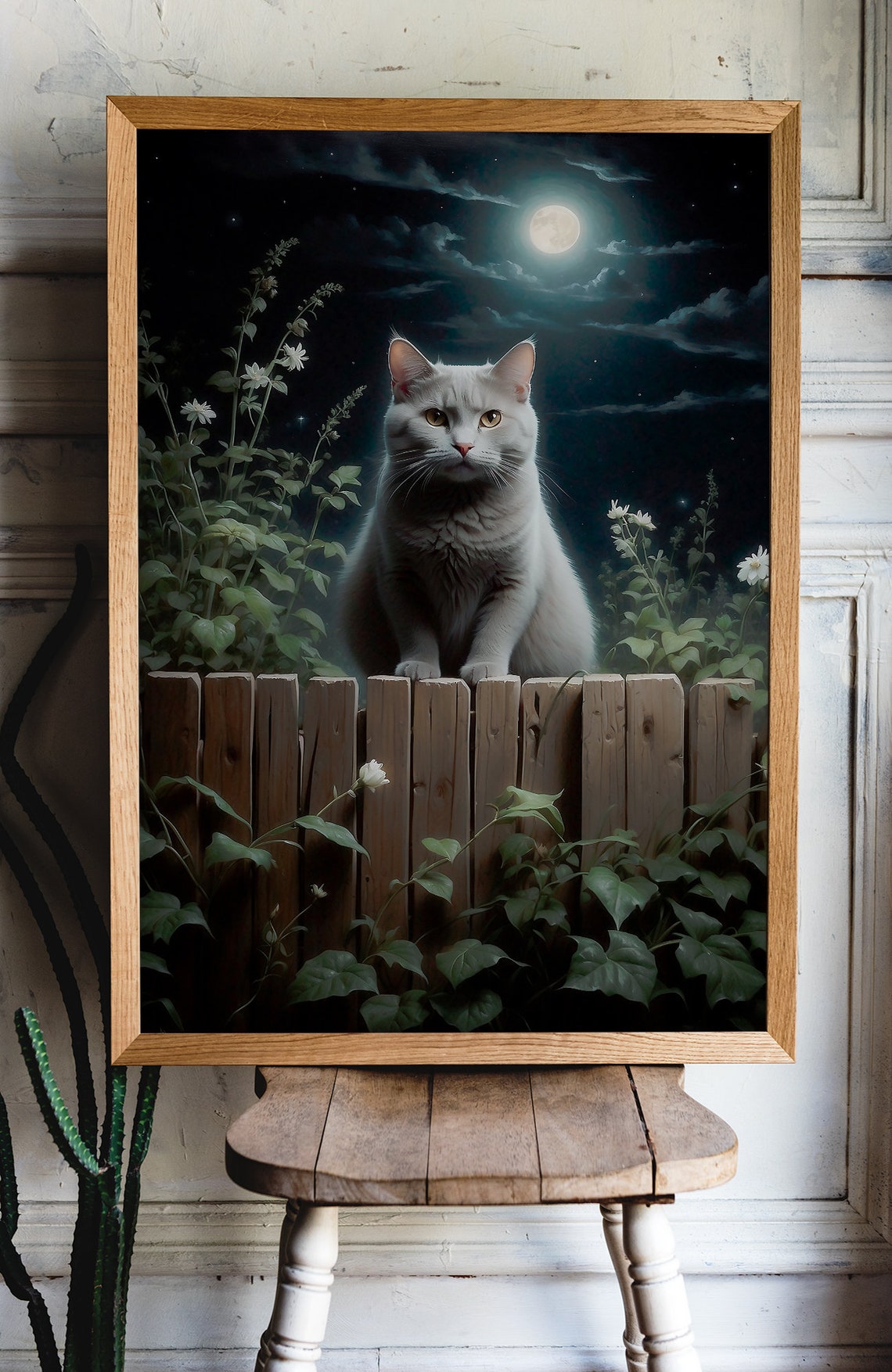 White Cat on a Wooden Fence Under a Moonlit Night Sky Art Print - Image 3