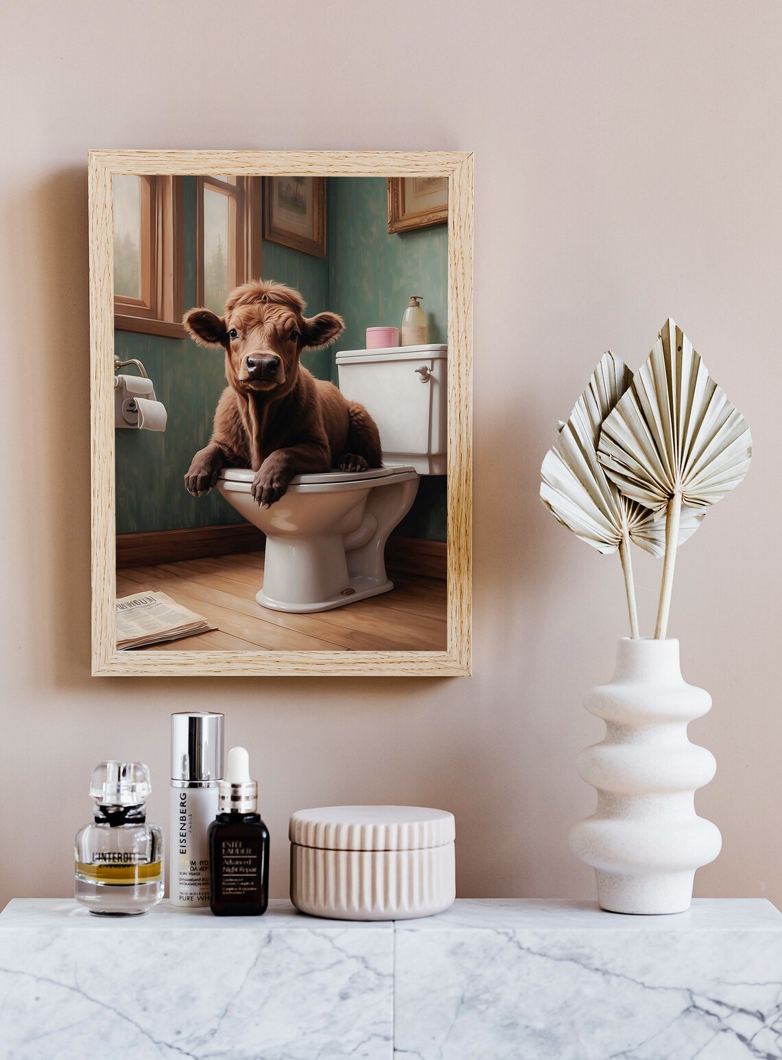 Cute Brown Calf Sitting On A Toilet Funny Farm Animal Poster - Image 2