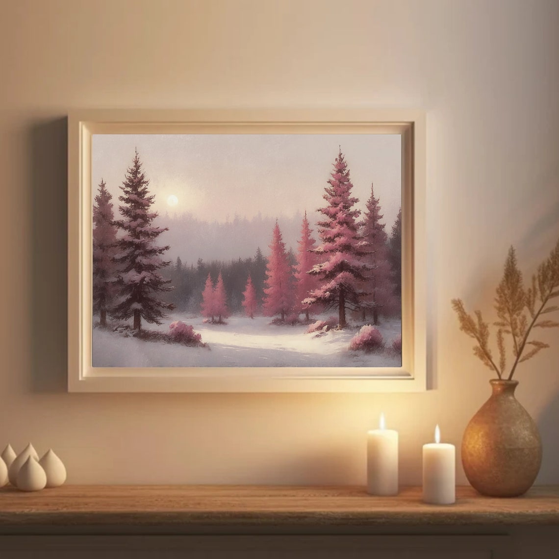 Snowy Pine Forest Winter Landscape Pink Sunset Evening Wall Art - Image 5