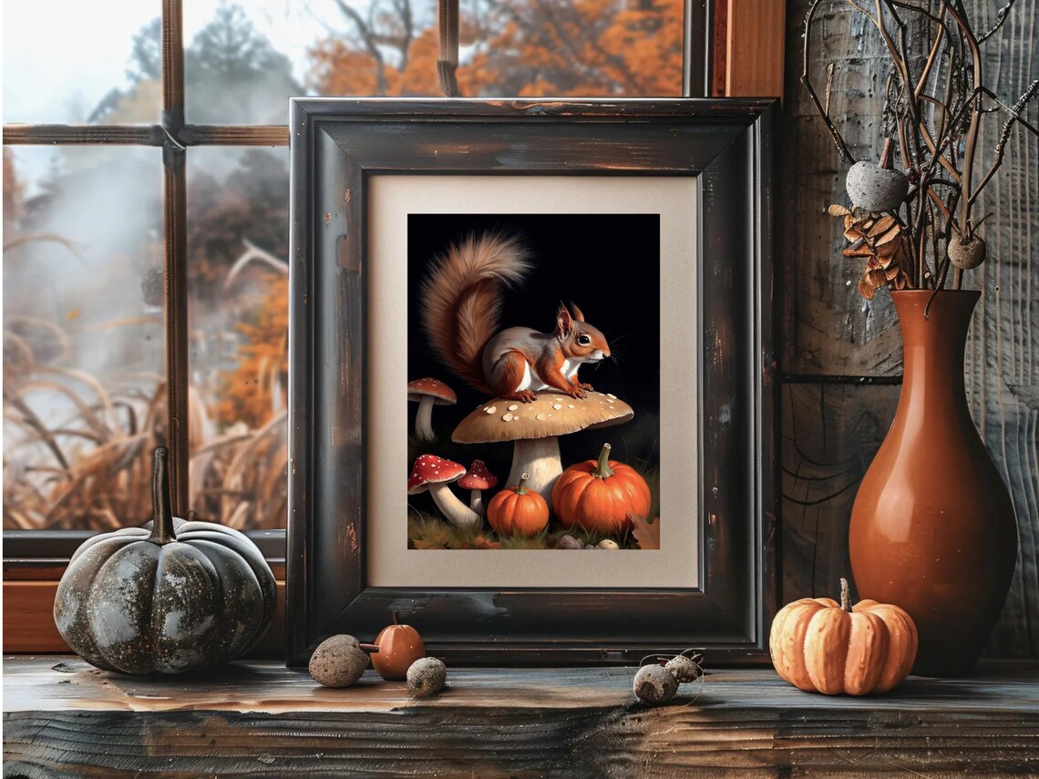 Red Squirrel On Mushroom With Pumpkins Moody Autumn Wildlife Painting Poster - Image 4