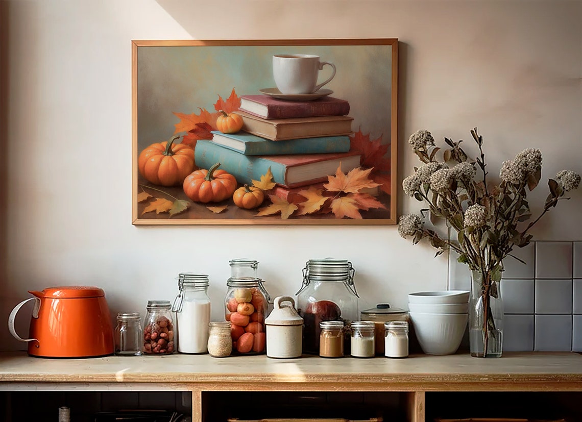 Stack Of Books With Coffee Cup Pumpkins Cozy Fall Reading Poster - Image 3