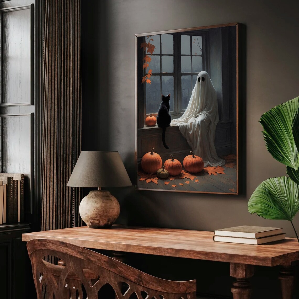 Ghost And Black Cat Sitting In A Rainy Window With Pumpkins Halloween Art Print - Image 2