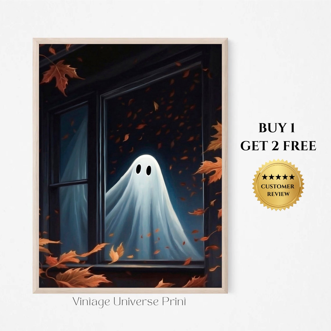 Ghost Peering Through A Night Window With Falling Autumn Leaves Poster