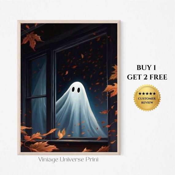 Ghost Peering Through A Night Window With Falling Autumn Leaves Poster