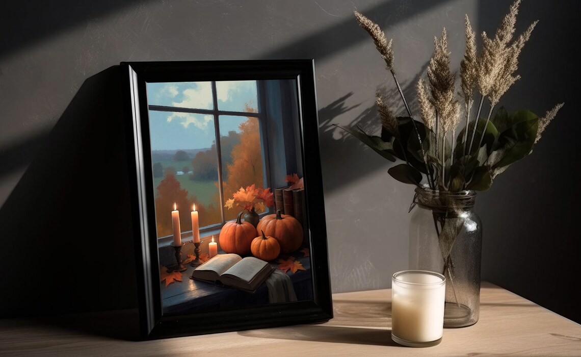 Autumn Window View With Pumpkins Candles And Book Cozy Fall Painting Poster - Image 2