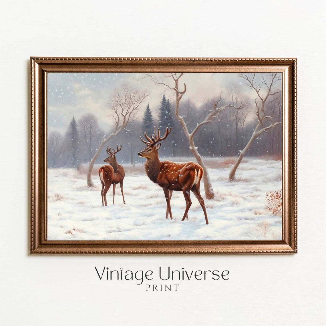 Two Deer Winter Forest Falling Snow Vintage Wildlife Landscape Poster - Image 5
