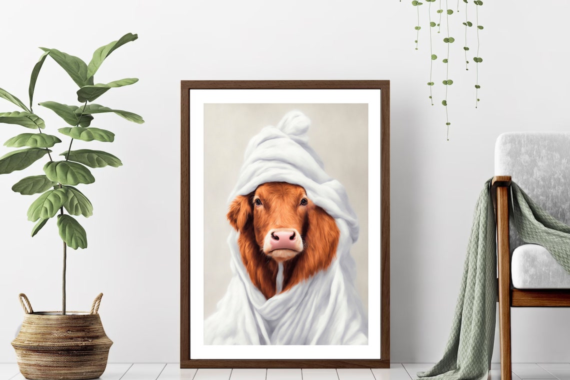 Highland Cow Wrapped in a Fluffy White Towel After a Bath Funny Print - Image 3