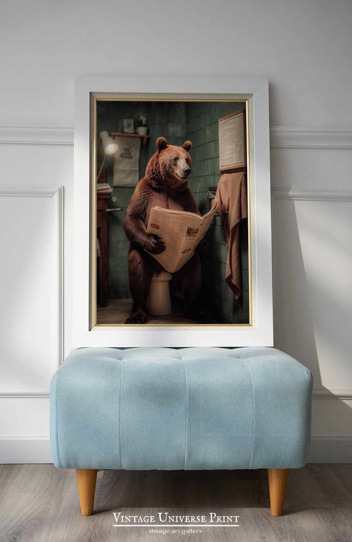 Brown Bear Sitting on a Toilet Reading the Newspaper Funny Bath Poster - Image 2