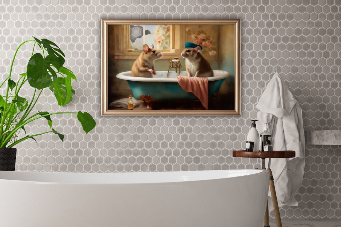 Two Mice in a Teal Bathtub with One Wearing a Blue Beret Whimsy Poster - Image 3