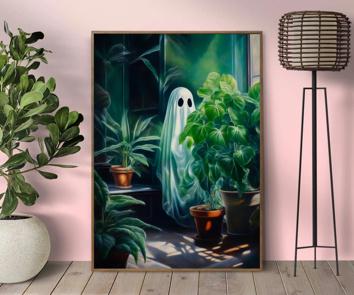 Ghost Hiding Among Houseplants Sunlit Window Cute Vintage Poster - Image 4