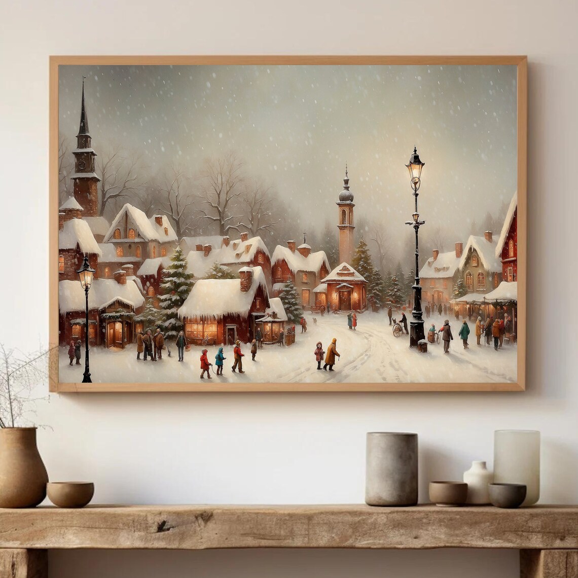 Christmas Town Print Vintage Christmas Wall Art Decorated Christmas Village Streets Moody Snowy Winter Landscape Painting - Image 2